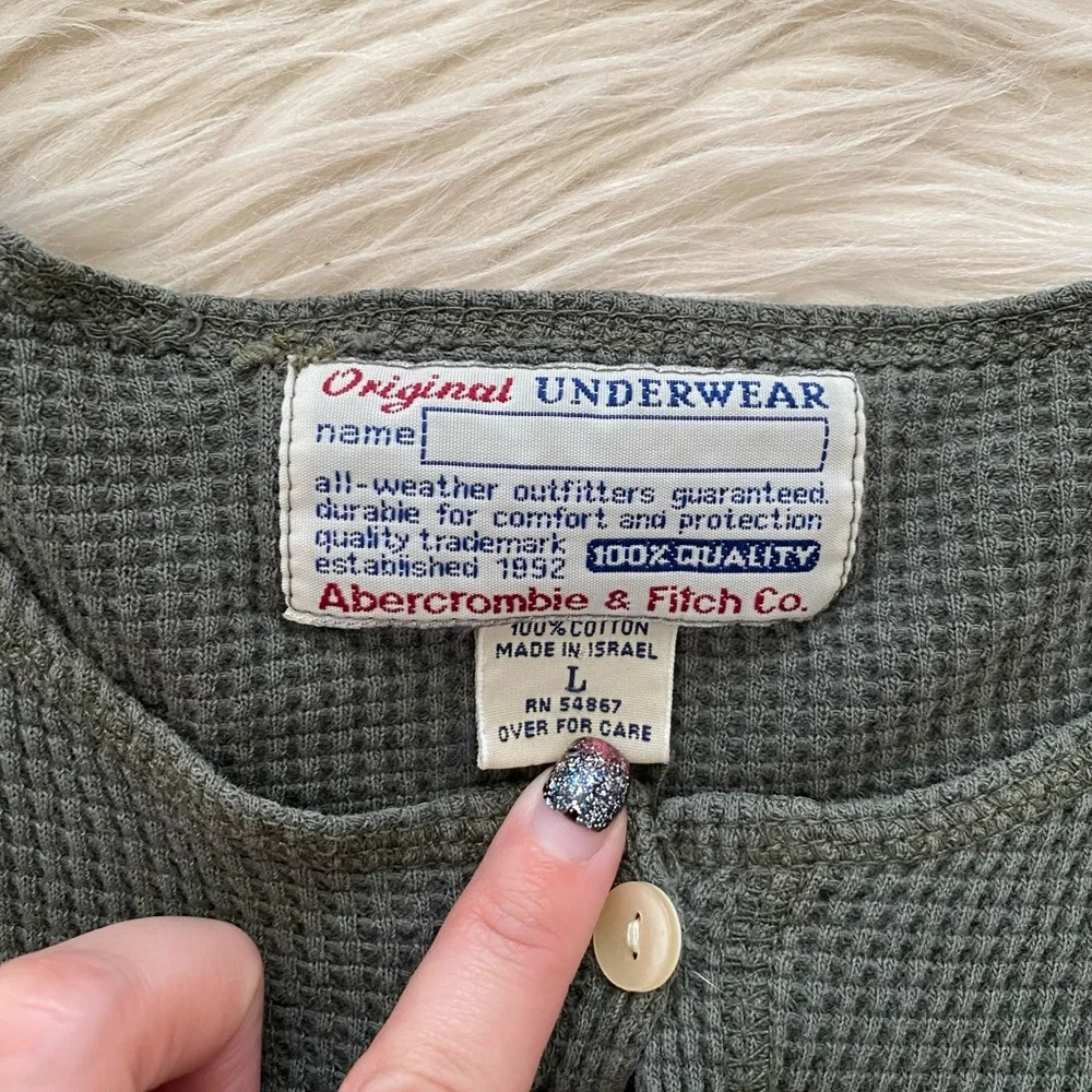 Vintage Abercrombie Y2K 90s Sage Green Button Front Thermal Waffle Knit Shirt - Picture 10 of 11